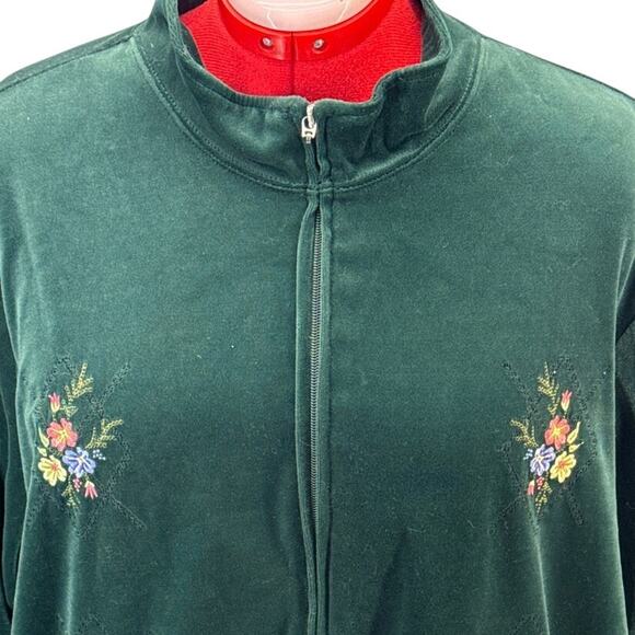Blair Vintage Green Velour Floral Embroidered Zip Up Cardigan Jacket Women 2XL - Picture 2 of 9
